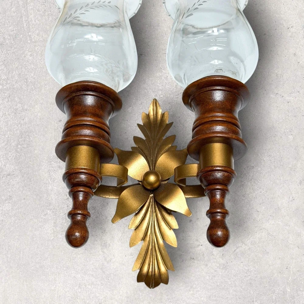 Vintage Double Wall Sconce Wood Gold‎ Metal Floral Etched Glass Hurricane Shades